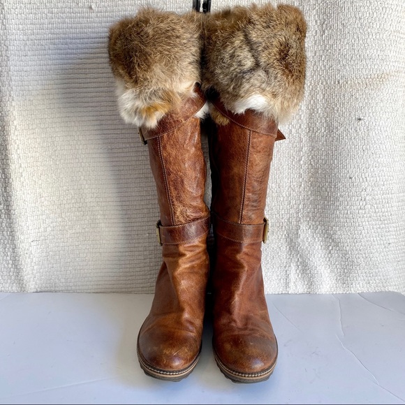 HVOFFERS🔜 8 Leather Rabbit Fur Wedge Heel Boots - Picture 2 of 8